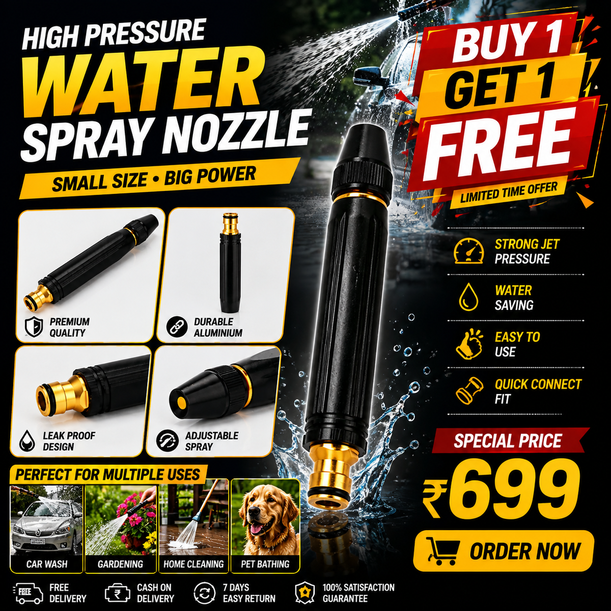 Wonder Cart High Pressure Brass Water Spray Nozzle | Car Wash, Gardening & Home Cleaning | Buy 1 Get 1 FREE
